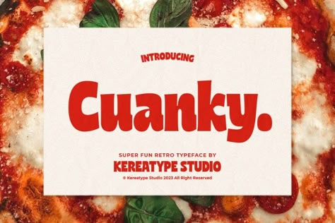 Cuanky is a super fun, retro-style sans serif font with subtle serifs. It possesses a recognizable flair and evokes a sense of warm nostalgia. Available in both regular and italic styles, Cuanky also features a playful hint of the future. Cuanky is perfect for headlines or food-related designs, such as pizza, burgers, and restaurant themes. […] Get your free download of the Cuanky Font now at FreeFontDL - Free Font Download! Free Cute Fonts, Food Typography Design, Restaurant Font, Free Retro Fonts, 80s Fonts, Canva Retro, Food Font, Retro Display, Fonts Retro