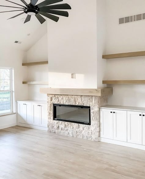 White Fireplaces, Fireplace Feature, Fireplace Area, Built In Around Fireplace, Eldorado Stone, Cabinet Trends, Vaulted Ceiling Living Room, Built In Shelves Living Room, Living Room Built Ins