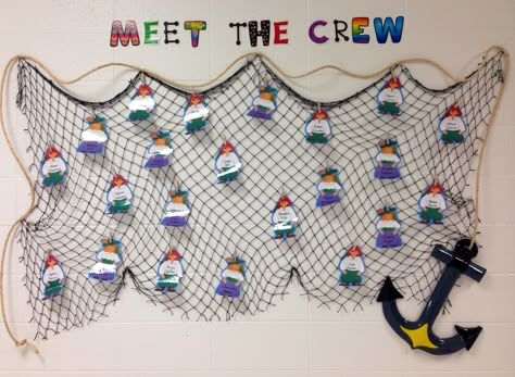 Pirate welcome back to school bulletin board. I ended up using sticky tack to get the pirates to lay flat. They where curly after laminating. Nautical Bulletin Board Ideas, Pirate Bulletin Boards, Pirate Theme Classroom, Nautical Classroom Theme, Welcome Bulletin Boards, Pirate Classroom, Nautical Classroom, Sticky Tack, Ocean Theme Classroom