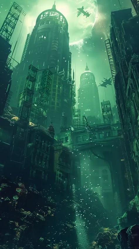 The image shows a city that has been submerged underwater. The water is murky and green, and the buildings are covered in algae ->> more details in ai-img-gen.com Underwater City Ruins, Underwater Facility, Aquatic Architecture, Underwater Base, Flooded City, Slay The Spire, Ocean Bed, Bioshock Rapture, Underwater Ruins