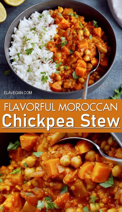 This Moroccan chickpea stew is simple, hearty, comforting, and loaded with veggies and warming spices for a truly delicious and satisfying gluten-free, meat-free meal! Chickpea Stew Vegan, Moroccan Chickpea Stew, Chickpea Recipes Easy, Vegan Chickpea Recipes, Salad With Peanut Dressing, Moroccan Stew, Moroccan Chickpea, Moroccan Vegetables, Recipes By Ingredients