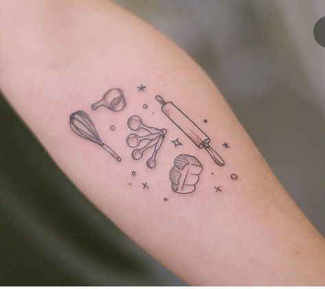 Small Dessert Tattoo, Minimalist Baking Tattoo, Tattoo Ideas For Bakers, Small Baking Tattoo Ideas, Small Baking Tattoo, Baking Inspired Tattoos, Tattoos For Bakers, Whisk Tattoo Baking, Cookbook Tattoo