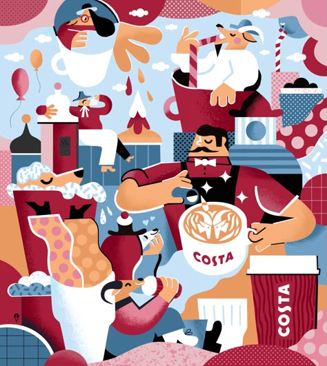 Check out this @Behance project: "COSTA COFFEE x GLS x Karol Banach mural" https://www.behance.net/gallery/43291251/COSTA-COFFEE-x-GLS-x-Karol-Banach-mural Mural Cafe, Coffee Shop Branding, Costa Coffee, Coffee Illustration, Coffee Poster, Coffee Design, Wall Graphics, Illustration Character Design, Editorial Illustration