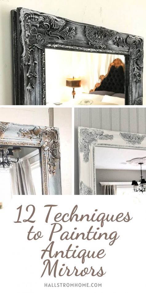 Chalk Painted Mirror Frame, Painted Ornate Mirror, Painted Mirrors Ideas, Old Mirror Makeover Diy, Ornate Mirror Makeover, Old Mirror Makeover, Refinish Mirror Frame, Old Mirror Ideas, Mirror Frame Painting Ideas