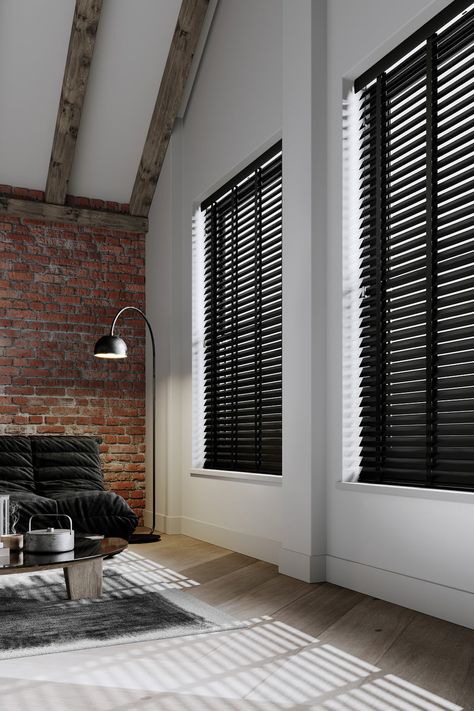 Black wooden blinds with tapes in a modern loft apartment Black Wooden Blinds Living Room, Colored Blinds For Windows, Black Horizontal Blinds, Living Room With Blinds Only, Black Blinds Bedroom, Black Blinds Living Room, Blinds For Black Windows, Modern Blinds For Windows Living Room, Black Wooden Blinds