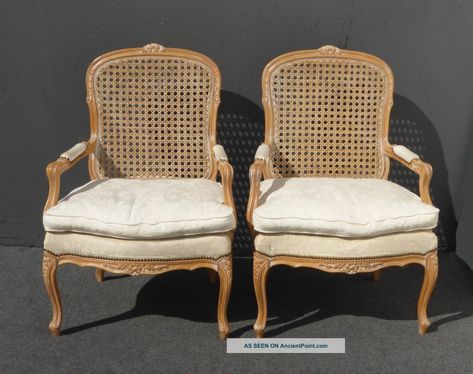 Vintage French Provincial Wood Cane Back Upholstered White Arm Chairs French Country Chairs, French Provincial Chair, Reupholster Chair, Cane Furniture, French Chairs, Armchair Furniture, Antique Chairs, Vintage Interiors, Beautiful Chair