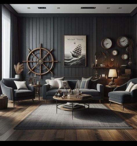 Shipwreck Aesthetic, Academia Palette, Cape House Interior Design, River House Decorating Ideas, Victorian Academia, Moody Living Room Ideas, Lakehouse Living Room, Dark Maximalism, Nautical Interior Design