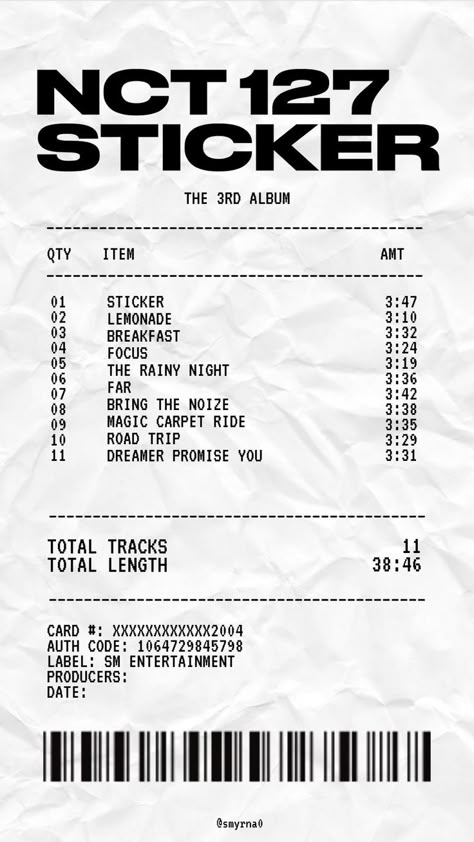 Nct 127 Prints, Nct Receipt, Nct Stickers Printable, Nct 127 Poster, Ticket Aesthetic, Ticket Png, Nct Lyrics, Receipt Sticker, Nct 127 Sticker