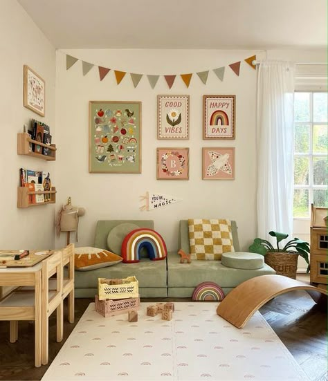 Hayley • Kid of the Village on Instagram: "WEEKEND ☀️  A few of your favourites in the playroom today - and I’m loving this vibe! 🌸   Save 15% when you buy any 3 prints together - no code needed ✨  Have a fabulous weekend everyone! 🩷  #playroom #nursery #childrensdeco #interiors#kidsroomdecor #nurseryideas #girlsroom #kidsroom #homedecor" Small Playroom, Kids Room Deco, Kids Rooms Inspo, Baby Playroom, Living Room Playroom, Toddler Playroom, Toddler Boys Room, Nursery Room Inspiration, Toddler Rooms