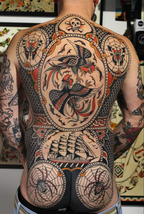 #traditional #oldschool #frames #tattoo American Trad Back Piece, American Traditional Backpiece, Tattoo Full Back Design, American Traditional Tattoos Backpiece, Traditional Tattoos Backpiece, Traditional Backpiece Tattoo, Trad Back Tattoo, European Traditional Tattoo, Back Traditional Tattoo