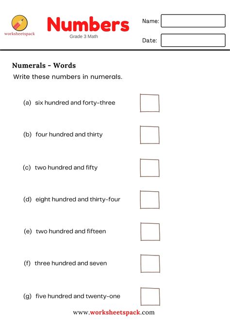 Free numbers to words worksheets for grade 3 (MATH PRINTABLE). Numerals And Number Words Worksheet, Number In Words Worksheet Grade 3, Write In Words Worksheet Maths, Numerals Worksheets, Numbers In Letters, Primary School Maths, Number Words Worksheets, Worksheet Math, Kindergarten Math Worksheets Addition