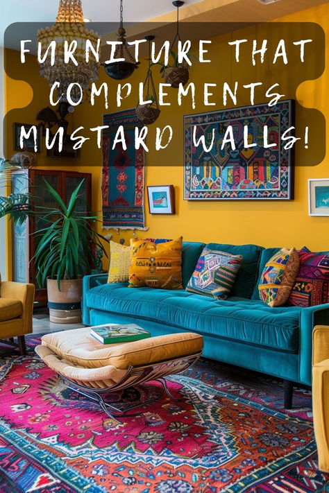 Curious about what color furniture goes best with Mustard walls? Dive into our guide to find the perfect matches that enhance your vibrant decor. Excited to transform your space? Click to explore! 🌟🛋️ #MustardWalls #FurnitureColors #HomeDecor #InteriorDesign #RoomTransformation Mustard Fireplace Wall, Teal And Ochre Living Rooms, Mustard Wall Living Room, Primary Colour Living Room, Mustard Room Ideas, Mustard Yellow Living Room Ideas, Mustard Yellow Sofa Living Room Ideas, Mustard Bedroom Walls, Yellow And Turquoise Living Room