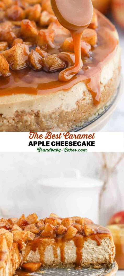 Apple Caramel Sauce Recipe, Gluten Free Caramel Apple Cheesecake, Carmel Apple Pie Cheesecake Recipe, Luxurious Caramel Apple Cheesecake, Caramel Apple Cheesecake Bars Paula Deen, Spiced Apple Cheesecake, Fall Cheesecake Toppings, Cheesecake Fall Desserts, Apple Cinnamon Cheesecake Cupcakes