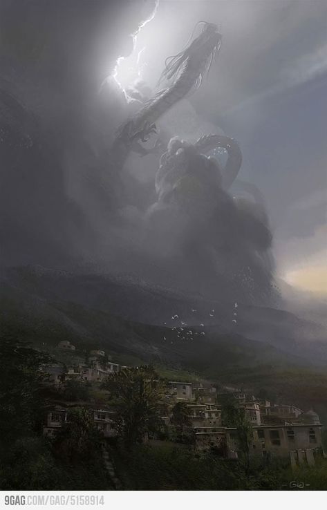 Shenron rising --- No idea what a "Shenron" is but this art is gorgeous, so imma categorize it suchly. :) --- Just looked it up and Shenron is the big awesome dragon from Dragonball Z. I must've missed his name among all the cartoon muscles and grunty random yelling. ;) Eastern Dragon, Matte Painting, Year Of The Dragon, Mystical Creatures, Chinese Dragon, 판타지 아트, A Storm, Dragon Art, Magical Creatures