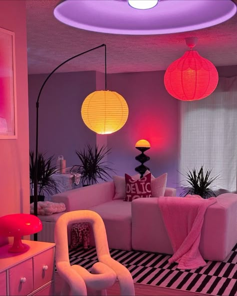 Bright Pink Living Room, Pink Living Room Ideas Apartments, Pink Living Room Aesthetic, Neon Apartment, Lamps Interior Design, White Lamps, Lamps Interior, Girl Apartment Decor, Apartment Living Room Design