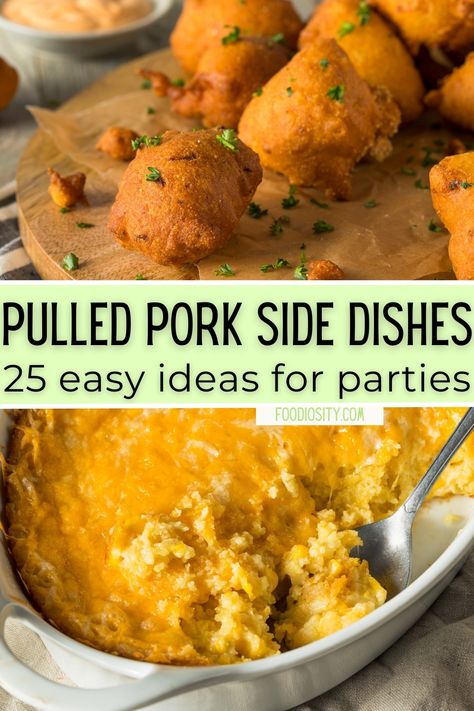 25 Pulled Pork Side Dishes - Easy Ideas For Parties & Crowds - Foodiosity Bbq Pork Sandwiches Sides, Pig Roast Party Food Side Dishes, Pig Pickin Side Dishes, Bbq Pork Sides Dishes, Pull Pork Sides, Side Dishes With Pork Roast, Bbq Pulled Pork Side Dishes, Smoked Pork Side Dishes, Hog Roast Side Dishes