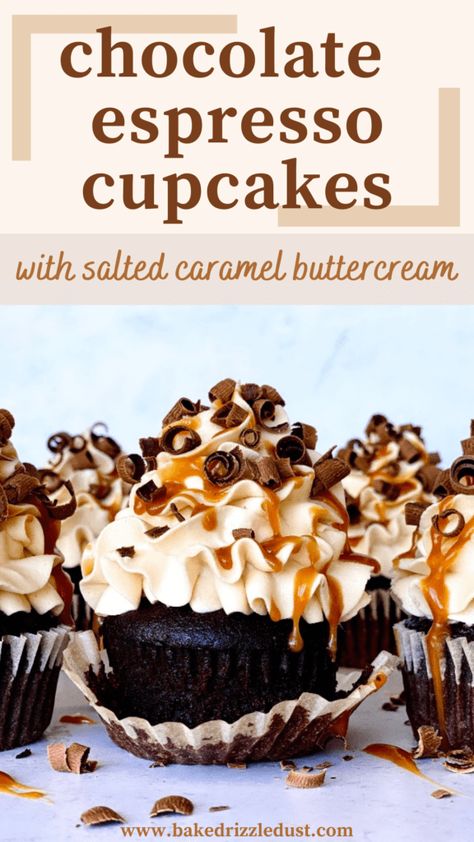 A rich and indulgent chocolate cupcake. Salted caramel buttercream piped into beautiful ruffles. A drizzle of salted caramel followed by a sprinkling of chocolate curls. These truly are the most decadent salted caramel chocolate espresso cupcakes that you can make! // Chocolate Espresso Cupcakes // Salted Caramel Cupcakes // Salted Caramel Frosting // Cupcakes Decoration // Buttercream Frosting Ruffles // Chocolate Martini Cupcakes, Chocolate Espresso Cupcakes With Salted Caramel Buttercream, Salted Caramel Espresso Cupcakes, Vanilla Cupcakes Sallys Baking, Chocolate Gourmet Cupcakes, Salted Caramel Pretzel Cupcakes, Gourmet Filled Cupcake Recipes, Buttercream Frosting Cupcakes, Interesting Cupcake Recipes