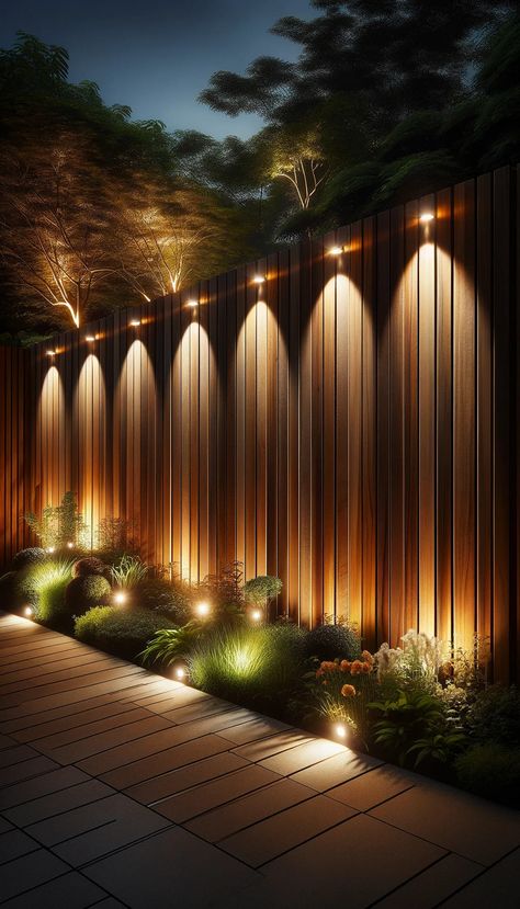 15 Creative Fence Lighting Ideas for a Magical Outdoor Space 26 Lights On Backyard Fence, Elegant Fence Ideas, Backyard Garden Lighting Ideas, Fencing Lighting Ideas, Lighting Along Fence, How To Landscape Lighting, Garden Fence Lights, House Lighting Ideas Outdoor, Backyard Fence Landscaping Ideas