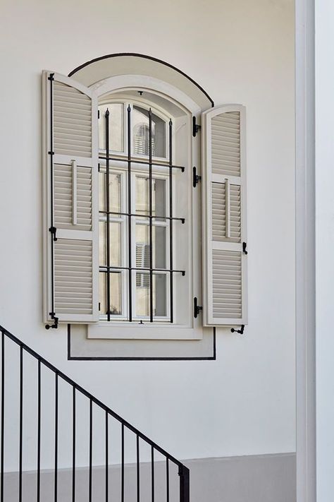 Shutters Window, Wood Grill, House Renovation Projects, Wood Fence Design, Window Grill, Modern Entrance, Arch House, Window Grill Design, House Window