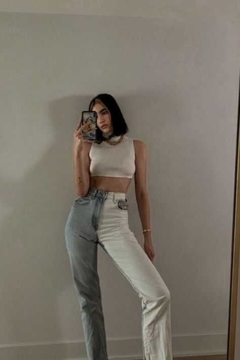 Two Tone Pants Styling Guide Two Toned Jeans Outfits, Two Tone Pants, 2021 Fashion Trends, Styling Guide, Style Goals, Colorful Shoes, Jeans Outfits, Colored Pants, 2021 Fashion