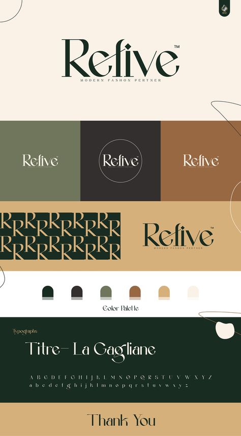 Refive Fashion Luxury Logo & Brand Identity Design :: Behance Colour Palette For Logo Design, Fashion Logo Color Palette, Luxury Palette Branding, Luxury Branding Design Color Schemes, Logo Layout Ideas, Alchemy Color Palette, Branding Company Logo, Lux Color Palette, Luxury Color Combination