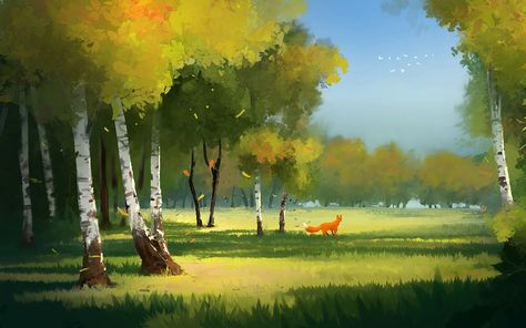 Green Forest Fox Painting Art Design #2K #wallpaper #hdwallpaper #desktop Meadow Background, Forest Meadow, Trees Background, Forest Glade, 3840x2160 Wallpaper, Fox Artwork, Trees Art, Bg Design, Fox Painting