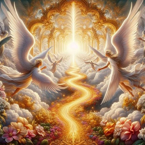 Image Creator Heaven Images Art, Heaven Pictures Paradise, Heaven Images Paradise, Heaven Kingdom Fantasy Art, Angel Ascending To Heaven, Paradise Painting Heavens, Divine Angel, Heaven Images, Best Dad Quotes