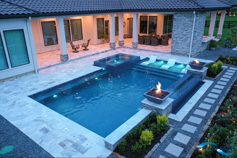 Pool With Patio Ideas, Transitional Pool Design, Modern Pools With Spa, Landscaping Around Rectangle Pool, Pools With Spas, Modern Home Pool, Square Pool With Hot Tub, Custom Pool Designs, Modern Pools Design