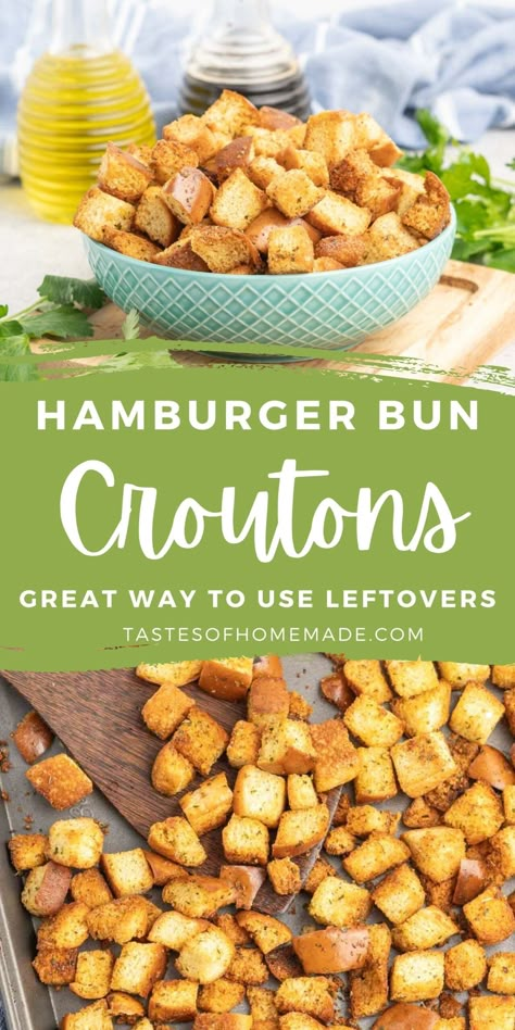 Using leftover hamburger buns to make homemade croutons is a great way to use up leftovers and save you money.  These crunchy croutons are easy to make and can be made with any leftover bread or rolls you have on hand.  Add your favorite seasoning and toss them in the oven.  They are the perfect way to add flavor and crunch to your favorite salad or creamy soup. Leftover Hamburger Bun Uses, Hamburger Bun Croutons, Hot Dog Bun Croutons, Ways To Use Hamburger Buns, Leftover Buns What To Do With, Leftover Buns, Leftover Buns Ideas, Leftover Hamburger Buns, What To Do With Leftover Hamburger Buns