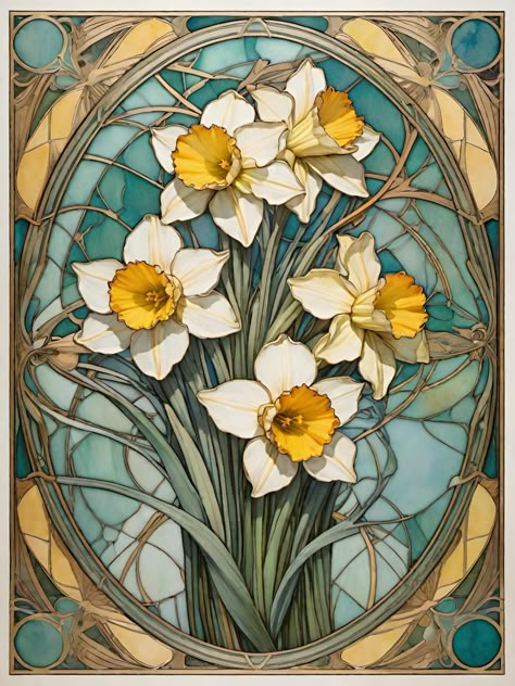 Art Deco Daffodil, Art Nouveau Daffodil, Art Nouveau Floral Design, Art Nouveau Window, Flower Art Nouveau, Art Deco Flowers, Nouveau Flowers, Stain Glass Window Art, Nouveau Illustration