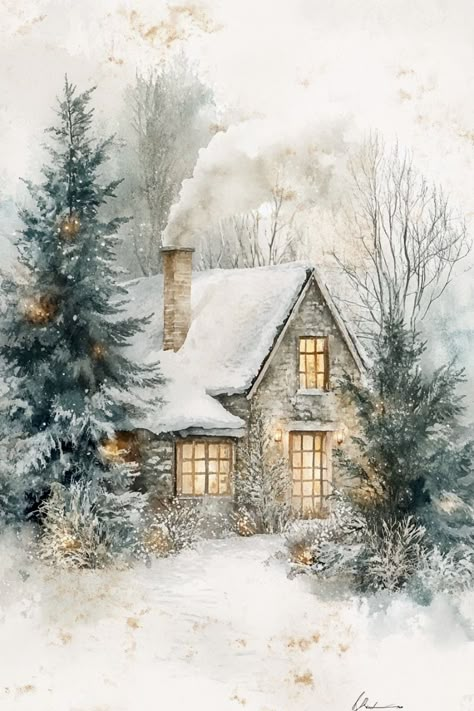 Watercolor Snowy Trees, Snowy Cabin In The Woods, Cozy Winter Cottage, Christmas Snow Background, Snowy Cottage, Festive Wallpaper, Xmas Wallpapers, Pastel Backgrounds, Winter Backdrop