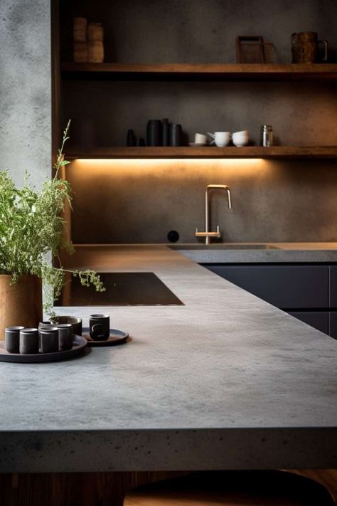 Cement Style Interior Design, Industrial Kitchen Countertops, Industrial Contemporary Kitchen, Kitchen Modern Industrial, Concrete Style Kitchen, Kitchen Ideas Concrete, House Industrial Design, Kitchen Ideas Industrial, Kitchen Cabinets Industrial