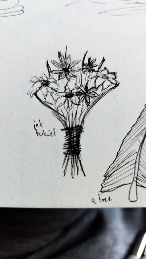 It is a sketch of a bouquet drawn by hand with black ink micron 0.005 on white paper 250g/m2 Meadow flowers collected in a bouquet made in black and white. Remind me of nostalgic summer time :) Sketch Flower Bouquet, Skeleton And Flowers Drawing, Pen Drawn Flowers, Bouquet Sketch Drawings, Bouquet Sketch, Gcse Sketchbook, Bouquet Drawing, Black White Drawing, Nostalgic Summer