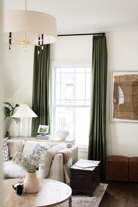 Dark Farmhouse Curtains Living Room, Green Curtain Dining Room, Sage Green Walls Curtains, Safe Green Curtains, Curtains On Dark Green Wall, Dark Green Sheer Curtains, Green Curtains Green Walls, Hunter Green Curtains Living Room, Dining Room Green Curtains