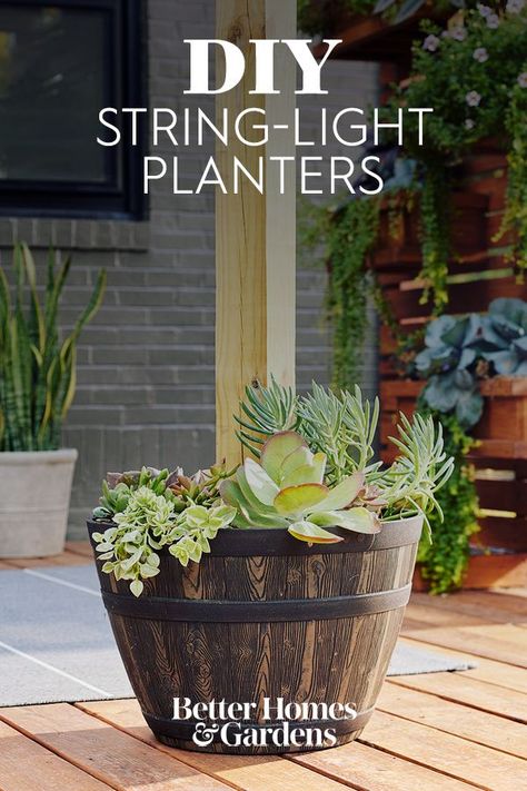 Outside Light Post Ideas, Light Planters Flower Pots, Planters With Poles For Lights Patio, Planter Post Lights Deck, Posts To Hang Outdoor Lights, String Light Planters Patio, Diy Light Post Planter, Planter Post Lights Diy, Light Planters Patio