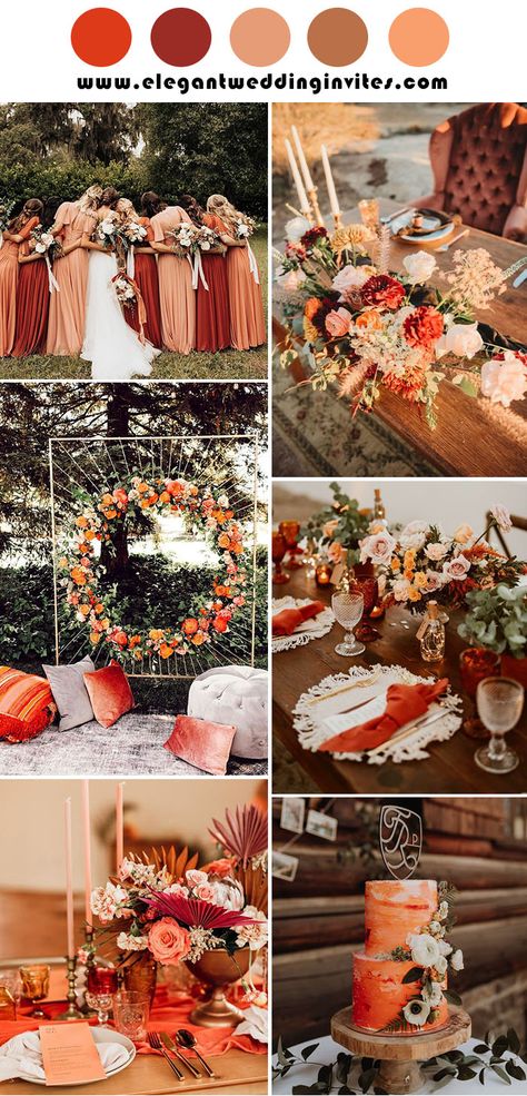 Rust Wedding Decor Color Palettes, Fall Quinceanera Themes, Red And Orange Wedding Theme, Rust Red Wedding, Rust And Blush Wedding, Sunset Terracotta Wedding, Fall Wedding Red, Orange And Red Wedding, Fall Wedding Colors Orange