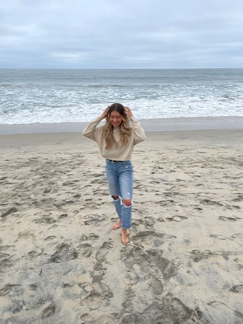 Beach, Ripped Jeans, Light Sweater, Cropped Sweater, Beach Outfit, Winter Beach Outfit, Outfit Ideas, Beach Outfit Inspo, Beach Aesthetic, Blue Aesthetic, Gloomy Beach Day, Monochrome, Ocean, Sand, Womens Denim, Ripped Jeans Outfit, Vacation Outfit Cold Beach Day Outfit Winter, Beach Outfit Winter, Cold Beach Day Outfit, Cold Beach Day, Gloomy Beach, Winter Beach Outfit, Beach Day Outfit, Outfit Inspo Beach, Outfit Ideas Beach