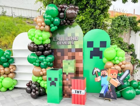 Minecraft Birthday Party 🎮 Kids birthday parties are so much fun! Seeing their little faces brighten up when they see their party is priceless 😍 If you have a kiddos birthday party we can help whether it is a simple design, or a custom design with props and multiple backdrops like this event we can bring your vision to life. ⬅️ Swipe left to see the final setup. Get a quote by filling out our inquiry form on our website or email us at info@luxanballoons.com Minecraft Birthday Balloon Garland, Minecraft Birthday Party Backdrop, Minecraft Backdrop Birthday, Minecraft Birthday Decor, Minecraft Decorations Party, Minecraft Bday Party Ideas, Minecraft Balloon Garland, Minecraft Balloon Arch, Minecraft Balloon Ideas