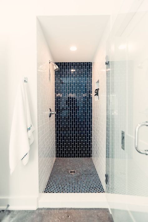 Shower Cubicle Tiles, Navy Blue Accent Tile Shower Wall, Navy And White Bathroom Floor Tile, Tiled Shower Cubicle, Shower With Blue Tile, Navy And White Shower Tile, Mixing Bathroom Tile, Navy And White Tile Bathroom, Navy Tile Shower Ideas