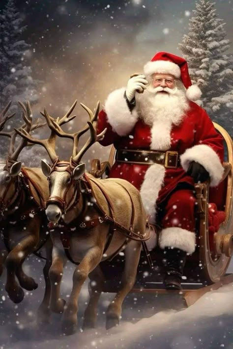 Santa Claus With Reindeer, Santa Pics, Santa Claus Pictures, Winter Christmas Scenes, Santa Claus Images, Christmas Background Images, Japan Illustration, Merry Christmas Pictures, Christmas Scenery