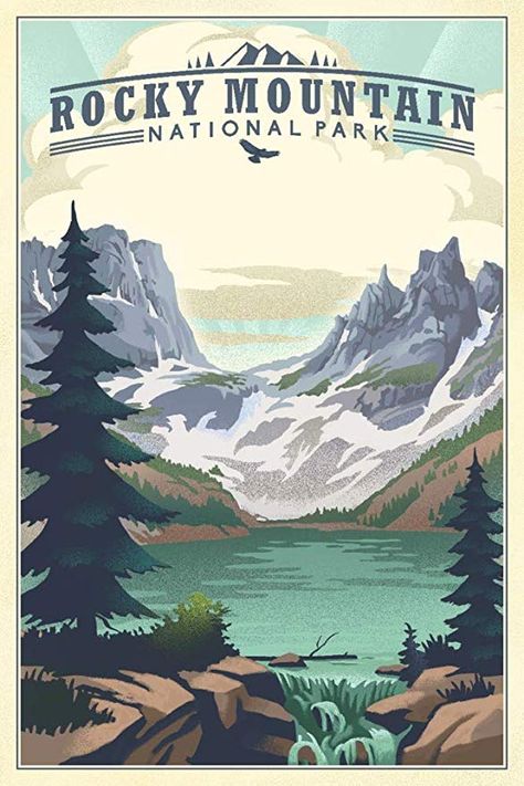 Rocky Mountains Illustration, Vintage National Park Posters, Colorado Poster, Colorado Lakes, Rocky Mountain National Park Colorado, Vintage Postcards Travel, Saguaro National Park, Grand Lake, Retro Travel Poster