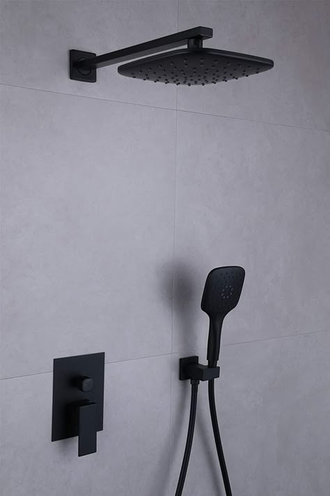 Black Rain Shower System, Black Taps Bathroom Shower Heads, Black Shower Taps, Black Waterfall Shower Head, Matte Black Bathroom Shower Fixtures, Head Shower Design, Black Showerhead Set, Washroom Tap Design, Black Shower Accessories