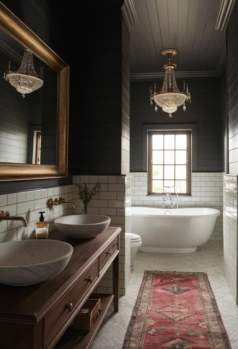 26+ Moody Bathroom Ideas That Are Elegant & Dreamy (2024) Moody Bathroom With White Tile, Dark Ceiling Bathroom Ideas, Redo Master Bath, Small Chic Bathroom Ideas, Clawfoot Tub Bathroom Master Bath, Tudor Revival Bathroom, Moody Antique Bathroom, Cozy Moody Bathroom, 1920 Style Bathroom