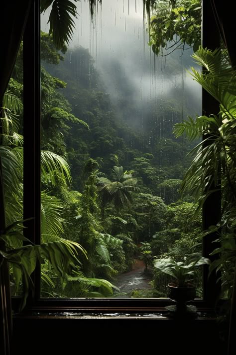 Heavy rain in the jungle, photographed from a window Jungle Aethstetic, Goth Jungle Aesthetic, Hawaii Jungle Aesthetic, Rainy Tropical Aesthetic, Jungle Astethic, Rainy Jungle Aesthetic, Houses In Brazil, Jungle Asethic, Dark Jungle Aesthetic