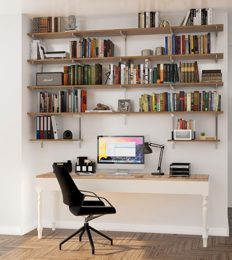 Achieve the perfect mix of productivity and style with our custom wall-mounted shelves. Organize your home office essentials and add a modern touch to your space with warm wood tones and white brackets. Design your ideal workspace now! 🌟 #officeorganization #stylishstorage #wallshelves #wallmountedshelves #bookshelves Custom Shelves, Home Office Shelves, Dream Home Office, Organizing Books, Home Office Essentials, Office Shelving, Warm Wood Tones, Office Shelf, Desks For Small Spaces