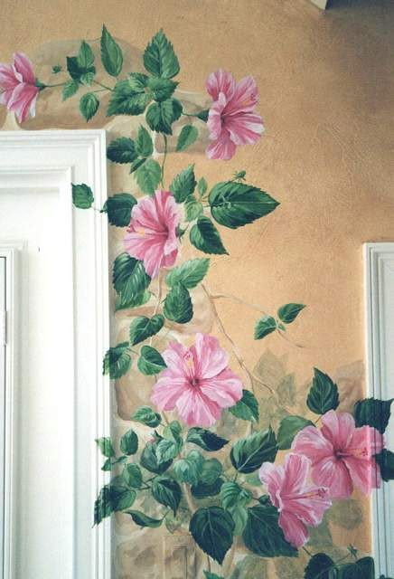 Bedroom Murals Painted Wall Art, Flower Painting Mural, Mural Art Flowers, Floral Wall Painting Ideas Bedroom, Floral Painting On Wall, Front Door Murals Painted, Painted Murals On Walls Bedrooms, Flowers Mural Painting, Tropical Wall Murals Painted