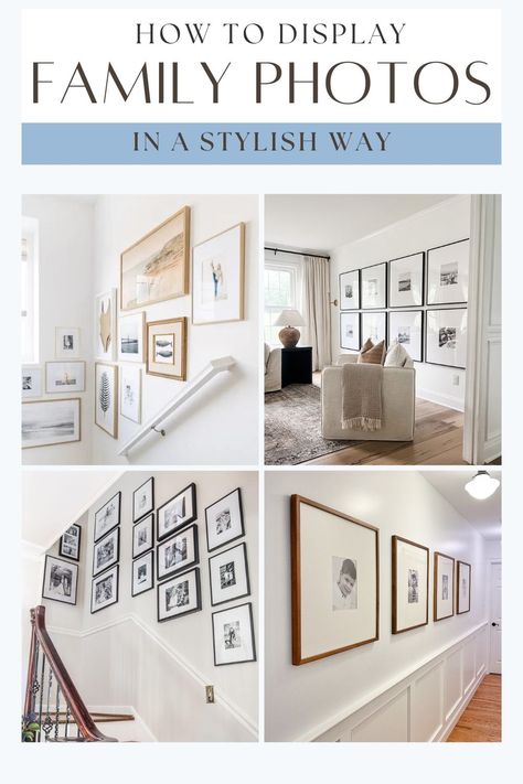 Looking for stylish ways to display family photos? Check out these 10 creative ideas to showcase your cherished memories on your walls in a way that’s both personal and beautiful. Family Photo Entryway, Grandkids Picture Frame Ideas, Family Picture Walls Living Room, Farmhouse Picture Frame Ideas, Family Timeline Wall, Upstairs Hallway Photo Wall, Family Gallery Wall Dining Room, Family Photo Picture Wall, Family Photo Wall Entryway