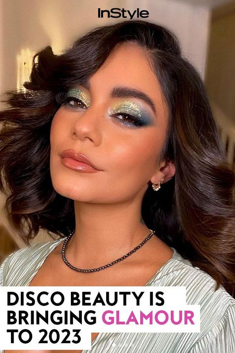 Disco Hair And Makeup, 70s Disco Hair, Vanessa Hudgens Makeup, 70’s Makeup, 70s Disco Makeup, 70s Inspired Makeup, 70s Makeup Look, 70s Make Up, 70s Hair And Makeup