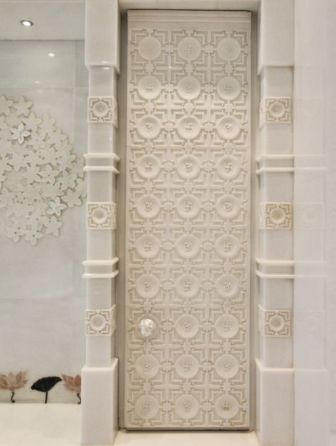 Mandala Mandir, New Delhi | Odyssey | Abstractions in Stone Mandir Door, Stone Railings, Carpentry Ideas, Pooja Unit, Columns Decor, Modern White Living Room, Wall Pop, Feature Wall Design, Spanish Garden