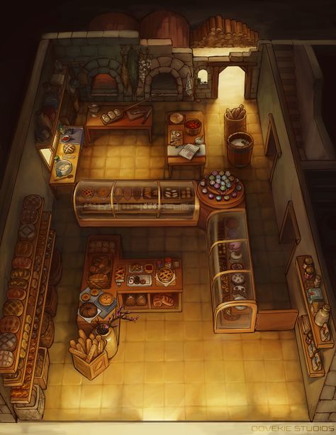 Fantasy Merchant Shop, Dnd Bakery Map, Dnd Store Art, Dnd Merchant Shop, Dnd Coffee Shop, Bakery Fantasy Art, Ideas For Bakery Shop, Fantasy Bakery Concept Art, Fantasy Shop Interior